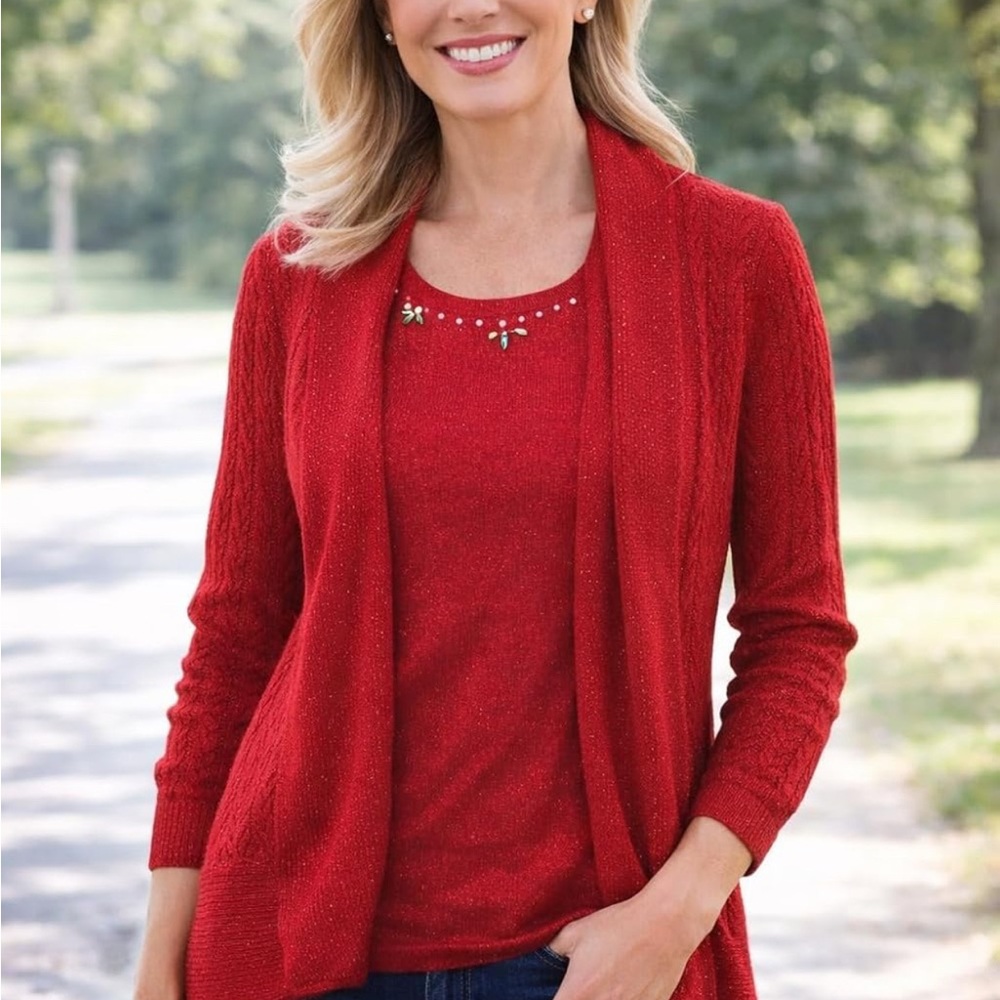SAG HARBOR Red Shimmer Knit Cardigan & Top Set – Size Large (NWT)